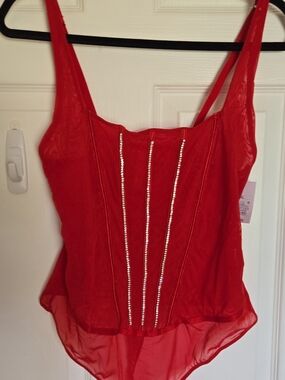 Auden Red Rhinestone-Strip Bodysuit Bandeau